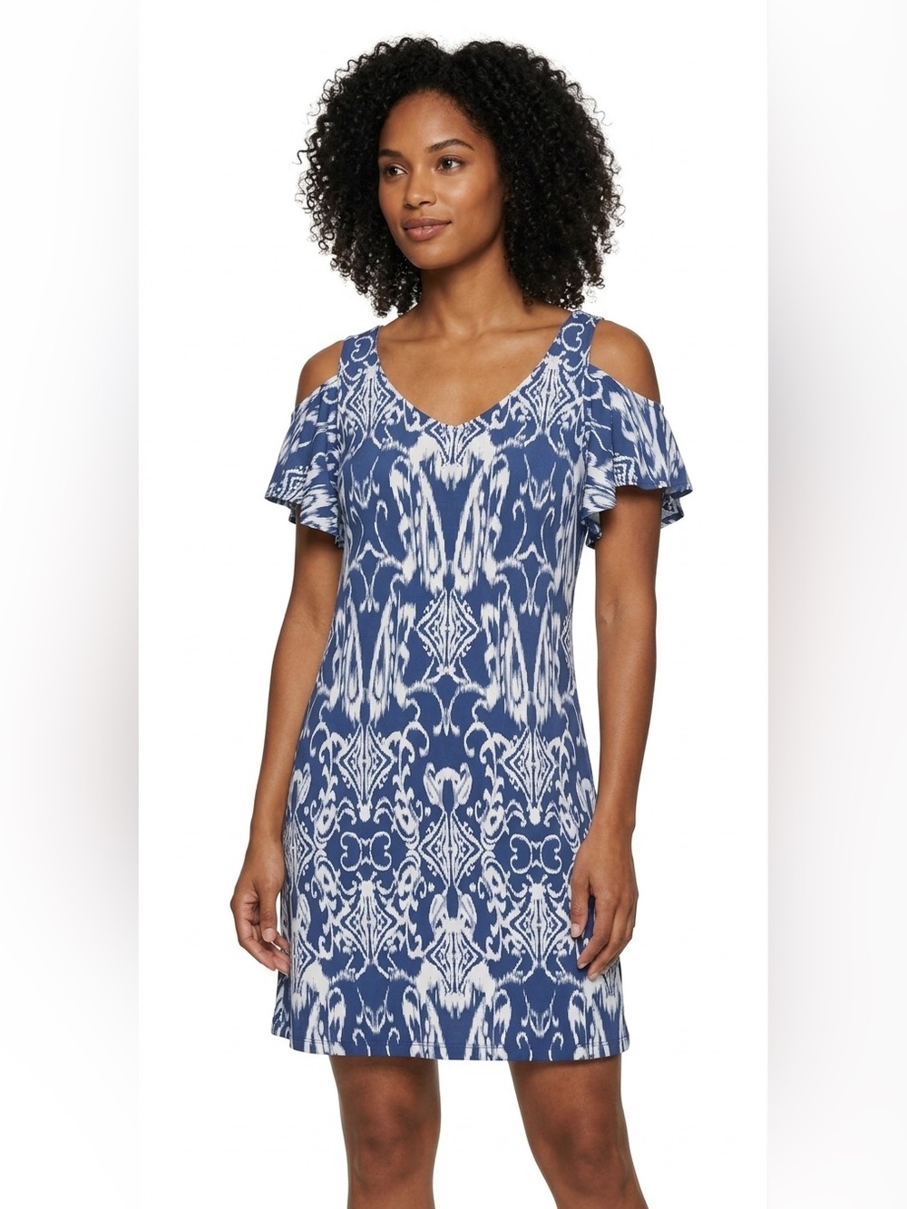 MSK Navy and White Ikat Cold-Shoulder Tunic Dress Size M